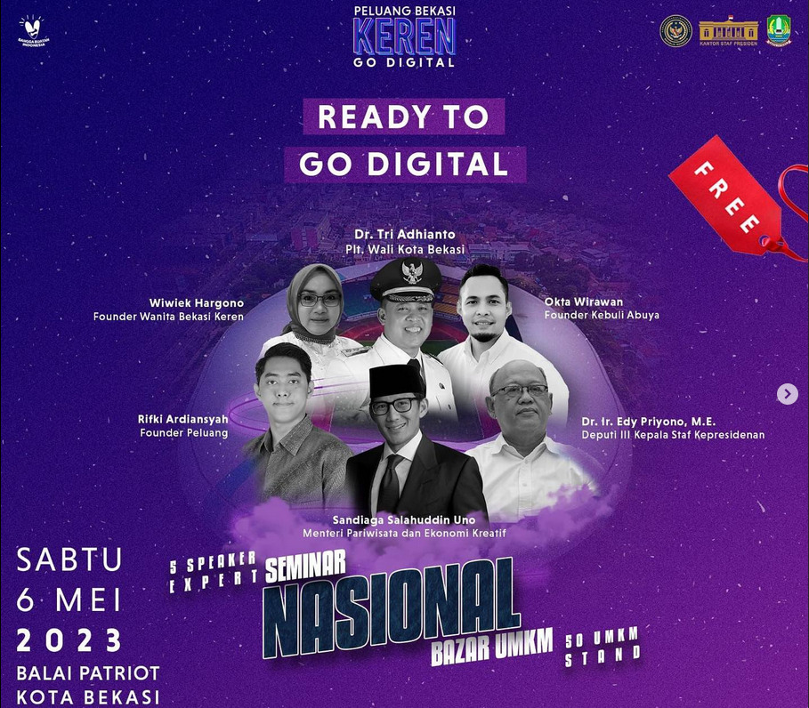 Poster acara Peluang Bekasi Keren yang akan melibatkan ratusan UMKM Kota Bekasi dan bakal dihadiri Menparekraf, Sandiaga Uno. (IG Humas Pemerintah Kota Bekasi)