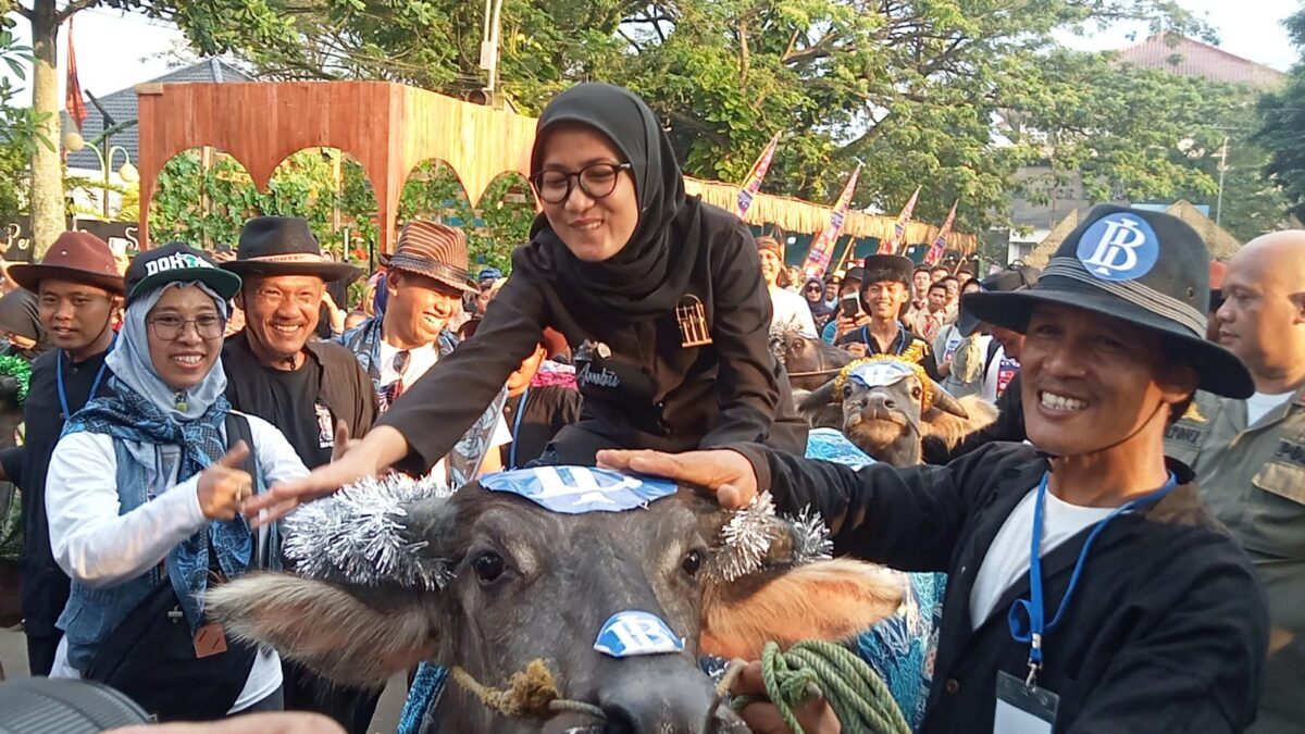 Bupati Lebak, Iti Octavia Jayabaya, naik kerbau yang diarak dalam karnaval kerbau di acara Festival Seni Multatuli 2023. (Dok. Istimewa)
